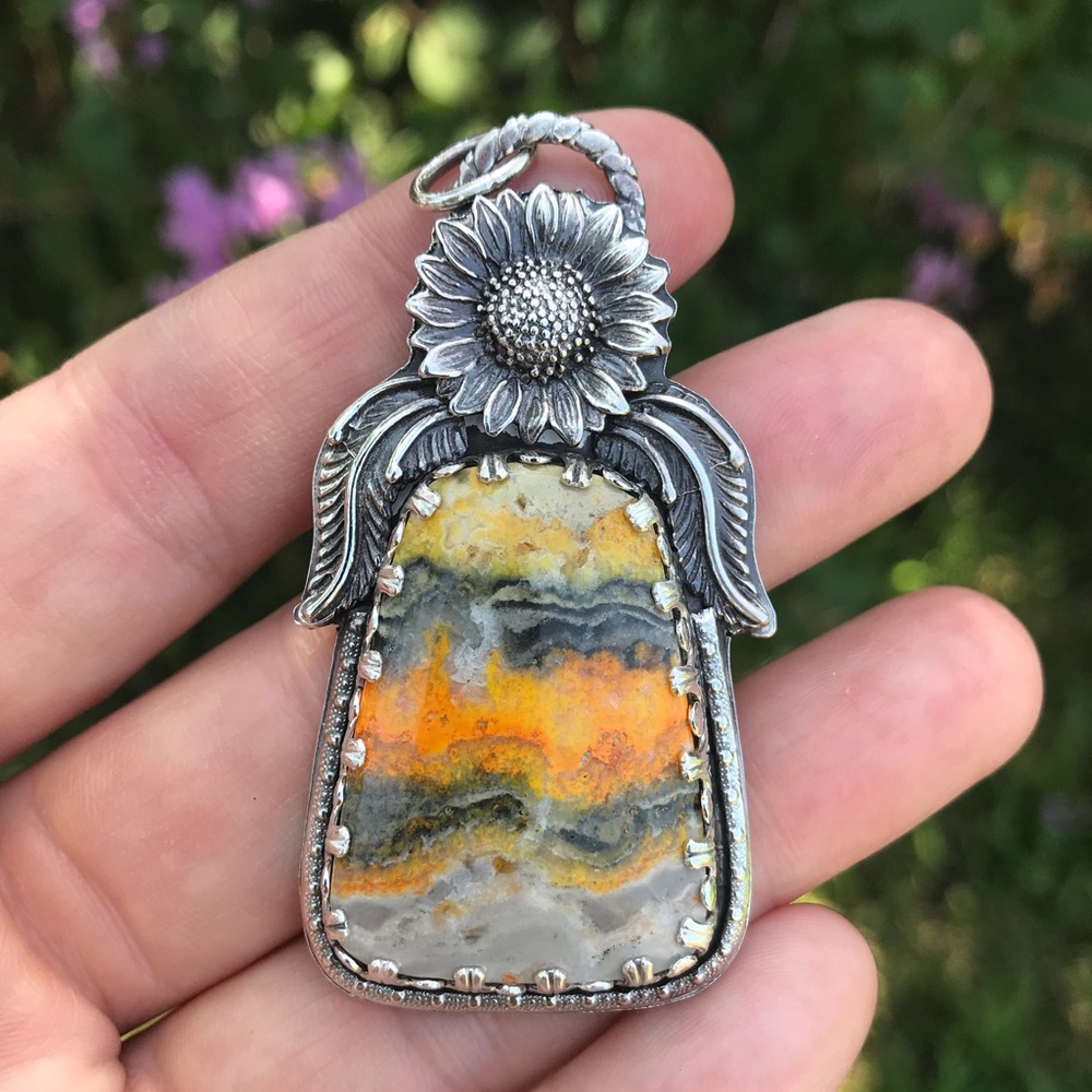 •Summer Sunflower & Bumblebee Jasper Pendant•